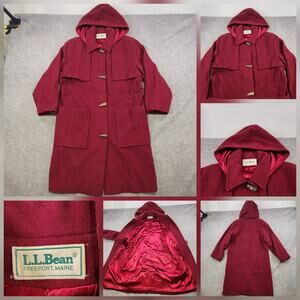 Vintage LL Bean Coat Womens 2XL? Red Wool Duffel Hooded Toggle Jacket 90s Jacket